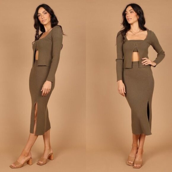 Petal & Pup NEW Luna Knitted Matching 3 Piece Set Midi Dress Olive Green Size S - Picture 1 of 14
